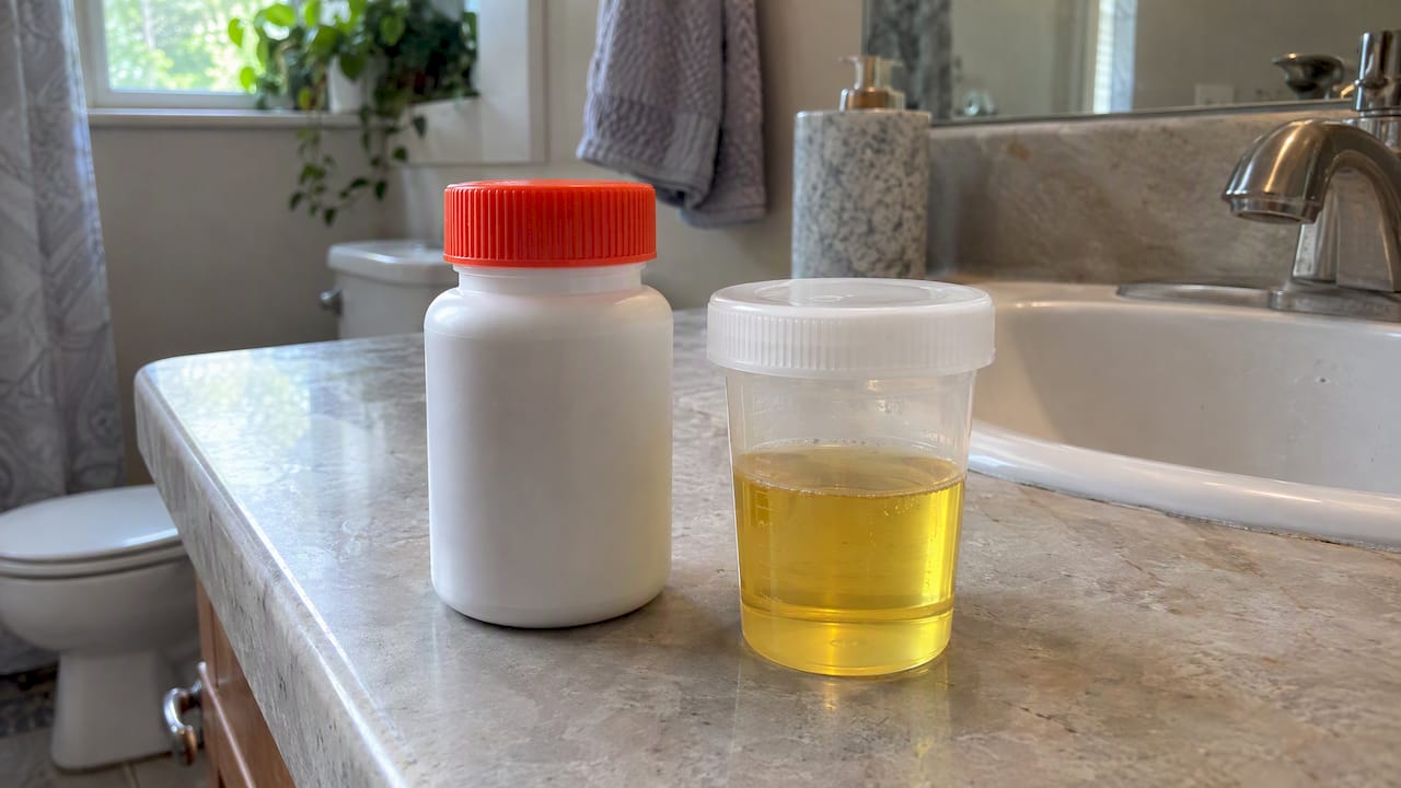 B-complex vitamins beside a urine specimen cup
