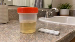 At-home urine drug test cup and cassette